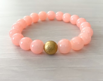 Coral Peach Stretch Bracelet, Gold Bracelet, Coral Jade Bead Bracelet