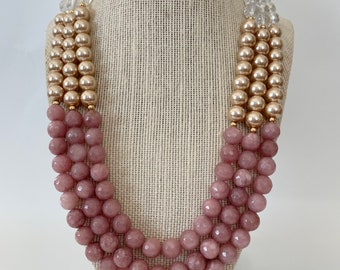 Dusty Pink and Gold Chunky Statement Necklace, Holiday Statement Necklace