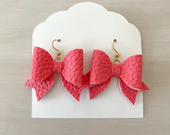 Coral Bow Earrings, Statement Earrings, Bow Earrings, Faux Leather Earrings