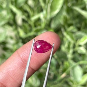 May include: A vibrant, deep pinkish-red gemstone with a smooth, polished teardrop shape. The stone is held by a pair of silver-toned metal tweezers, showcasing its translucent quality and reflective surface against a soft, out-of-focus green background.