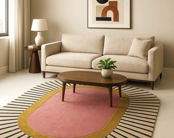 Modern abstract rond vloerkleed, handgetuft wollen vloerkleed, minimalistisch geometrisch tapijt, roze-beige woonkamertapijt