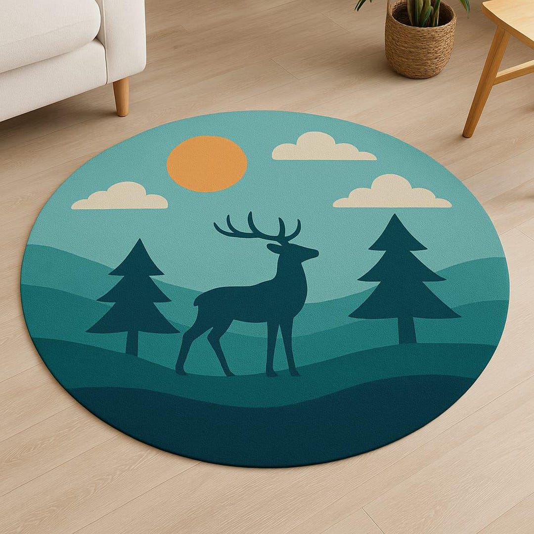 Round Deer Rug 4x4 Ft | Modern Nature Kids Room Carpet - Etsy