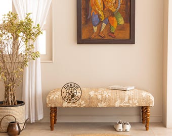 Ławka Boho Kilim - siedzisko z juty wełnianej, rustykalna ławka do przedpokoju, zabytkowa ławka z juty wełnianej, ławka do użytku na zewnątrz i wewnątrz