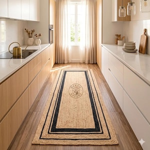 May include: A rectangular jute rug with a black border and a central design. The rug is placed in a kitchen with light-colored cabinets and a window with sheer curtains. The rug has the text "DAKSH EXPORT" in the center.