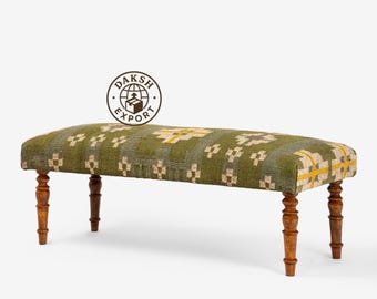 Banco Kilim feito à mão e tecido à mão, Banco Marden Boho em lã e juta, Banqueta de madeira Sheesham com banco de lã
