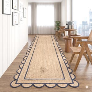 Hand Braided Scalloped Jute Runner Rug, Custom Size Rug, Handwoven Jute Rug for Living Room, Offices, Bedroom