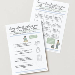 May include: Two white printed sheets with text and illustrations. The text reads "Every action strengthens your roots - one stitch at a time" and "Committed Action - Small Steps". One sheet has a list of actions.