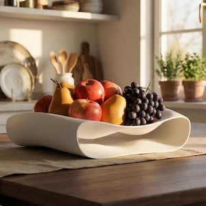 Op de afbeelding: Een witte, moderne fruitschaal gevuld met rode appels, gele peren en een tros donkerpaarse druiven. De schaal staat op een houten tafel met een neutrale loper. De achtergrond toont een keuken met planken en een raam.