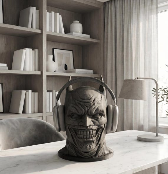 Superhero batjoker Bust Headphone Stand – Aesthetic Matte Desk Headset Holder | Minimal Modern Display