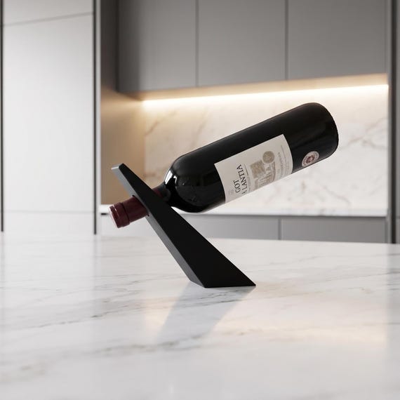 Modern Floating Wine Bottle Holder | Matte Black Gravity Wine Stand | Minimalist Bar Cart Decor | Wine Lover Gift |Countertop Bottle Display