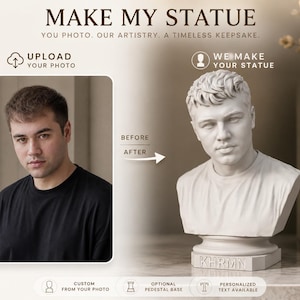 May include: A custom bust sculpture created from a photograph, featuring a light gray finish and a pedestal base with the text KHRMN engraved on the front. The image displays a before and after comparison showing a person and the resulting statue.
