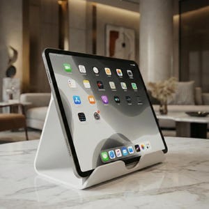 May include: A white tablet stand holding a tablet with a black screen displaying app icons. The stand is made of a smooth, solid material and is designed to hold the tablet at an angle for easy viewing. The stand is on a marble surface.