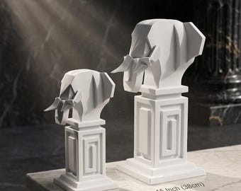 Geometric Elephant Statue on Pedestal, Modern Elephant Sculpture, Safari Home Decor, Minimalist Animal Figurine, Chess piece.