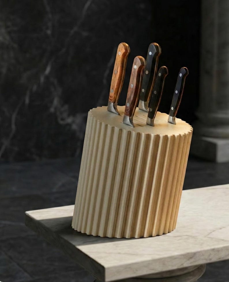 Suporte para facas moderno com textura canelada – Organizador minimalista para bancada de cozinha Bege