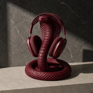 May include: A dark red cobra-shaped headphone stand with a textured, scale-like surface. The coiled snake base supports a pair of matching dark red over-ear headphones, which are positioned around the cobra's raised, flared hood structure.