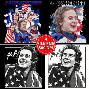 May include: A digital art collection featuring images of Jack Hughes, a hockey player. The images include a group photo with the American flag, a portrait with a patriotic background, and two black and white portraits. The text "JACK HUGHES" is at the top of the images.