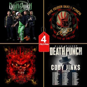 Può includere: Una raccolta di quattro file PNG digitali con grafica della band Five Finger Death Punch. Include una foto della band, disegni di teschi e un poster del tour con Cody Jinks. I disegni sono in nero, rosso e bianco.