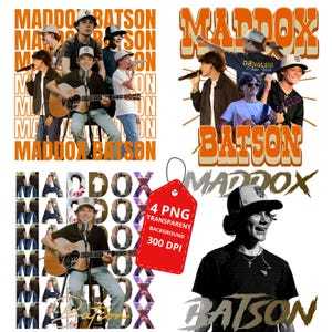 May include: A collage featuring multiple images of Maddox Batson, with text overlays. The images include photos of Maddox with a guitar, microphone, and in various poses. The text reads "MADDOX BATSON" in different styles, and a red tag says "4 PNG TRANSPARENT BACKGROUND 300 DPI."