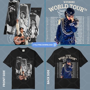 May include: Black t-shirt featuring a graphic of Conan Gray with the text "CONAN GRAY WORLD TOUR '26". The front side shows a collage of images, while the back lists tour dates. Includes a "2 FILE PNG DOWNLOAD" option.