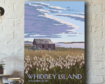 whidbey island washington poster, coastal cabin landscape print, tall grasses bay view wall art, pnw island vacation decor