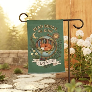 Read Books, Love Animals, Be Yourself Garden Flag, Cozy Fox Library Decor, Book Lover Gift, Whimsical Reader Yard Art, Librarian Present