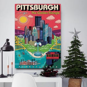 May include: A colorful Pittsburgh travel poster with the text "PITTSBURGH The Golden Triangle" at the top. The artwork depicts the city skyline, bridges, a river with boats, and a red sky with a yellow sun and clouds. The word "PENNSYLVANIA" is at the bottom.