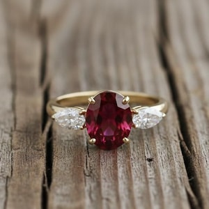 Oval Ruby Engagement Ring | 14K Gold Three Stone Moissanite Bridal Jewelry