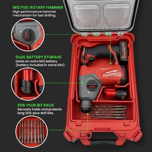 May include: A red and gray Milwaukee M12 Fuel rotary hammer stored in a red molded plastic carrying case. The case features dedicated compartments for the tool, an extra M12 battery, and a rack for multiple SDS-plus drill bits with text labels.