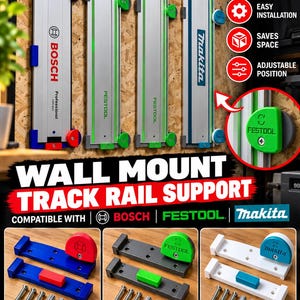Op de afbeelding: Wandsteunen voor geleiderails van Bosch, Festool en Makita. De set bevat gekleurde kunststof beugels met bevestigingsmateriaal. De tekst op de afbeelding luidt: WALL MOUNT TRACK RAIL SUPPORT, STRONG HOLD, EASY INSTALLATION, SAVES SPACE, ADJUSTABLE POSITION.