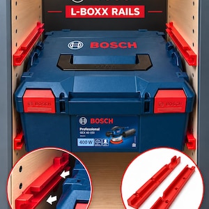May include: A blue Bosch L-BOXX tool case with red latches and a Bosch GEX 40-150 label, positioned on red plastic rails inside a cabinet. Two circular insets show the red rails installed and a pair of the red rails isolated on a white background.