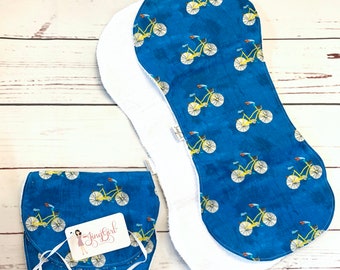 Baby Burp Cloths Set of three in Blue Bicycle Fabric Ready to Ship