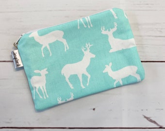 Mint Green Deer Fabric Coin Purse Face Mask Covering Pouch Zipper Wallet Change Purse Makeup Bag Handmade Gifts for Her Credit Card Holder