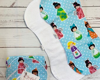 Baby Burp Cloth Set of 3 Read to Ship Terry Cloth Backing Light Blue Fabric with Multi-National Dolls