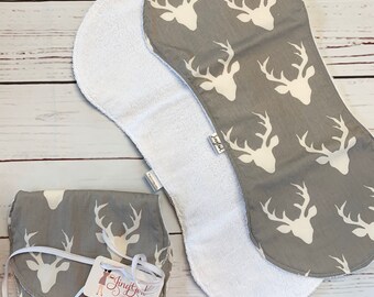 Baby Burp Cloth Set of 3 in Organic Gray Deer Fabric with Terry Cloth Backing Ready to Ship