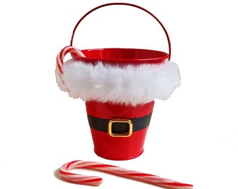 Santa Bucket, Santa pail, Santa Christmas decoration, Santa Claus decoration, candy cane holder, gold buckle, Christmas decor, St. Nick