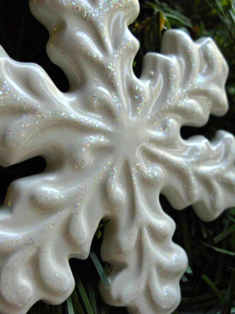 Ceramic Snowflake Ornament Christmas snowflake decor, winter wedding decor, sparkly ornament, white snowflake, ceramic keepsake ornament image 4