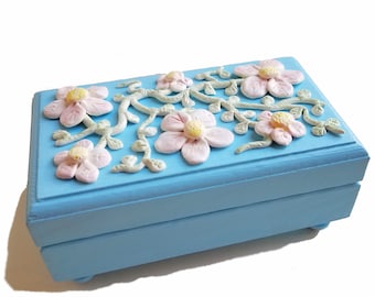 Blue Trinket Box - Floral trinket box, small jewelry box, something blue, daisy, pink flowers, blue wood box, tooth fairy box, gift under 25