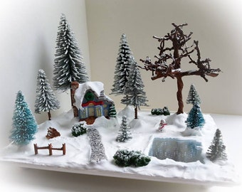 Miniature Christmas Village Scene - Miniature Christmas vignette, miniature Christmas trees, snowman, holiday vignette, winter decor