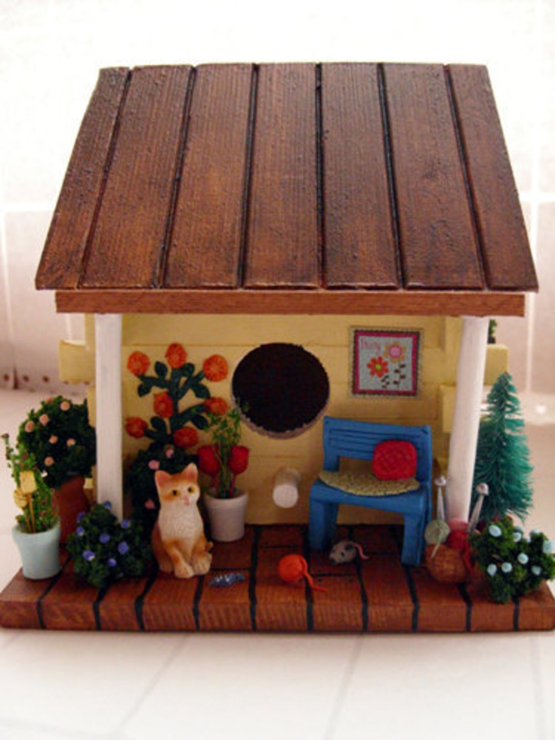 Yellow Birdhouse Spring Flowers, Cat, Yarn, Knitting, Windowbox, Garden
