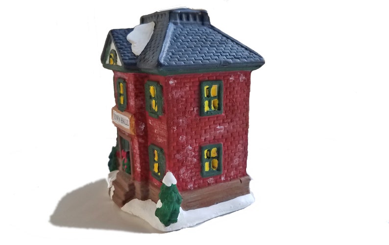 Christmas Village House Town Hall figurine, brick house, lighted Christmas decor, ceramic village, holiday village houses, gift under 35 image 6