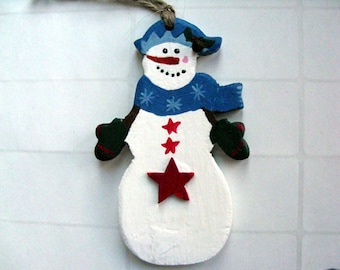 Snowman and Star Ornament - wood snowman & blue scarf, blue hat, green mittens, red stars