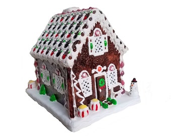 Vintage Gingerbread House - 8" high Ceramic lighted gingerbread house Christmas decor, vintage Christmas, snowman, gift under 50