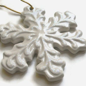 Ceramic Snowflake Ornament Christmas snowflake decor, winter wedding decor, sparkly ornament, white snowflake, ceramic keepsake ornament image 1