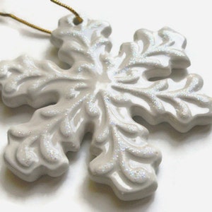 Ceramic Snowflake Ornament - Christmas snowflake decor, winter wedding decor, sparkly ornament, white snowflake, ceramic keepsake ornament