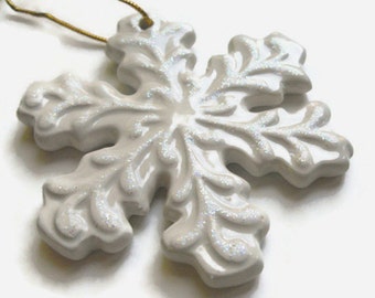 Ceramic Snowflake Ornament - Christmas snowflake decor, winter wedding decor, sparkly ornament, white snowflake, ceramic keepsake ornament