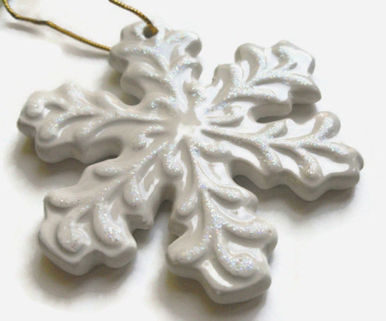 Ceramic Snowflake Ornament Christmas snowflake decor, winter wedding decor, sparkly ornament, white snowflake, ceramic keepsake ornament image 1