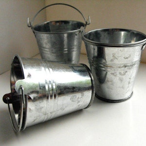 Miniature Silver Metal Bucket - stainless steel bucket, party favor bucket, 2 1/2&quot; high wedding favor bucket, 18&quot; doll accessory