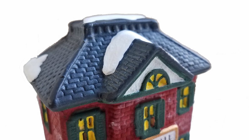 Christmas Village House Town Hall figurine, brick house, lighted Christmas decor, ceramic village, holiday village houses, gift under 35 image 4