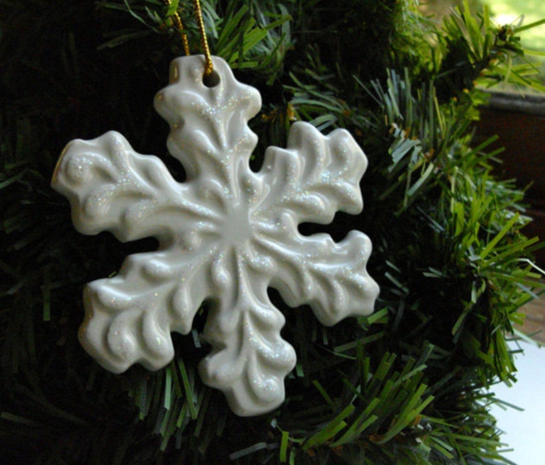 Ceramic Snowflake Ornament Christmas snowflake decor, winter wedding decor, sparkly ornament, white snowflake, ceramic keepsake ornament image 5