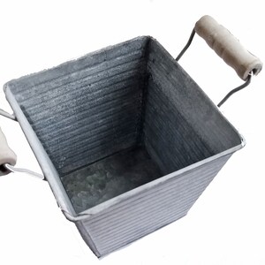 Square Metal Bucket w/Wood Handles 5 galvanized metal planter, kitchen utensil holder, metal flower pot, garden planter, gift under 15 image 3